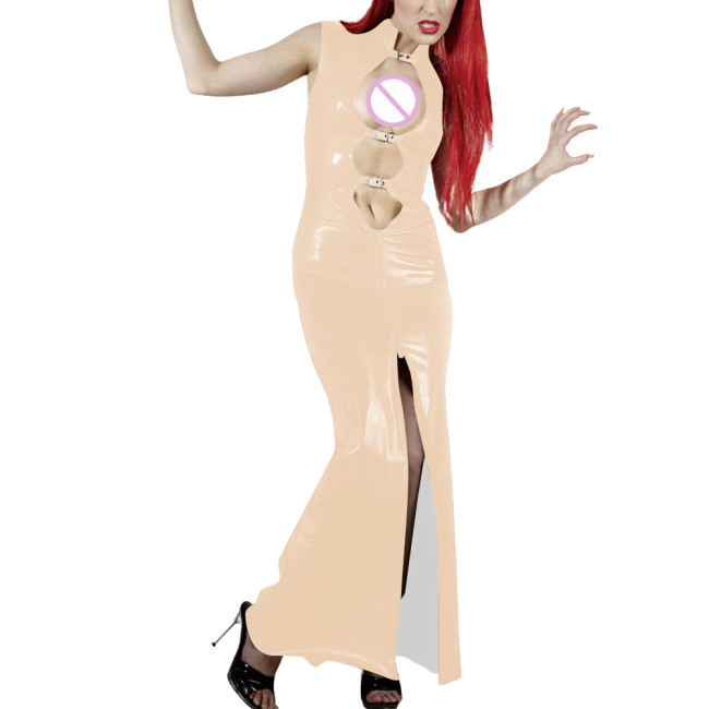 Shiny PVC Leather Hollow Out Party Women Maxi Dresses Fashion Sexy Buckle Cutout Sleeveless Slim Sheath Dress Wetlook Clubwear