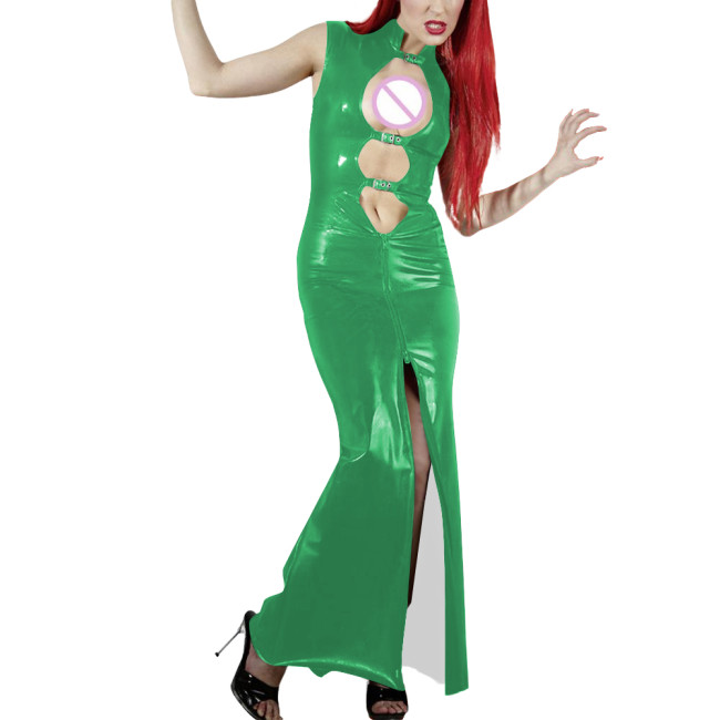 Shiny PVC Leather Hollow Out Party Women Maxi Dresses Fashion Sexy Buckle Cutout Sleeveless Slim Sheath Dress Wetlook Clubwear