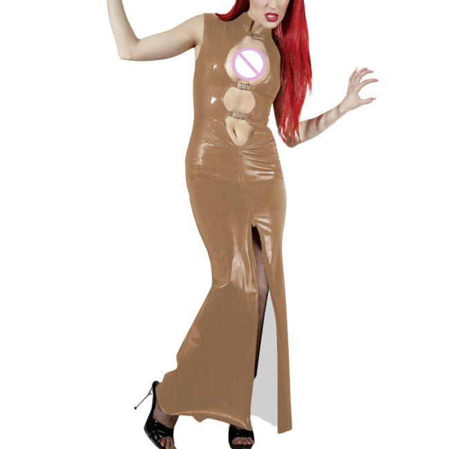 Shiny PVC Leather Hollow Out Party Women Maxi Dresses Fashion Sexy Buckle Cutout Sleeveless Slim Sheath Dress Wetlook Clubwear