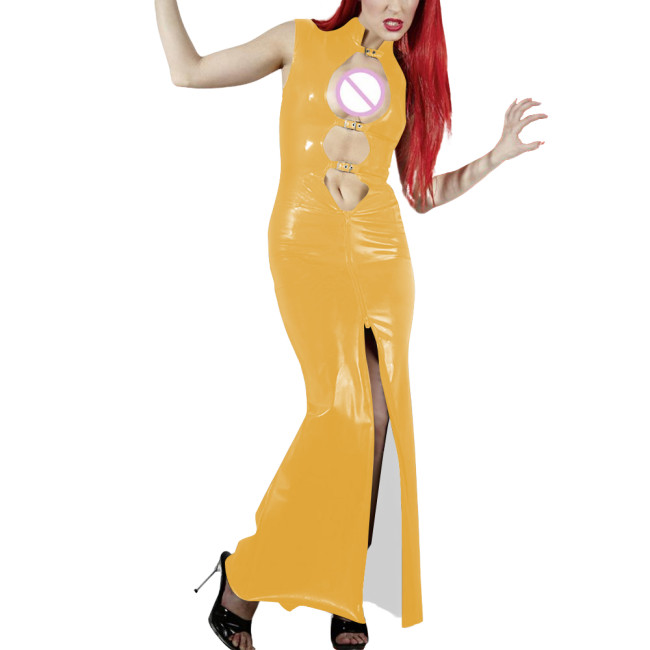 Shiny PVC Leather Hollow Out Party Women Maxi Dresses Fashion Sexy Buckle Cutout Sleeveless Slim Sheath Dress Wetlook Clubwear