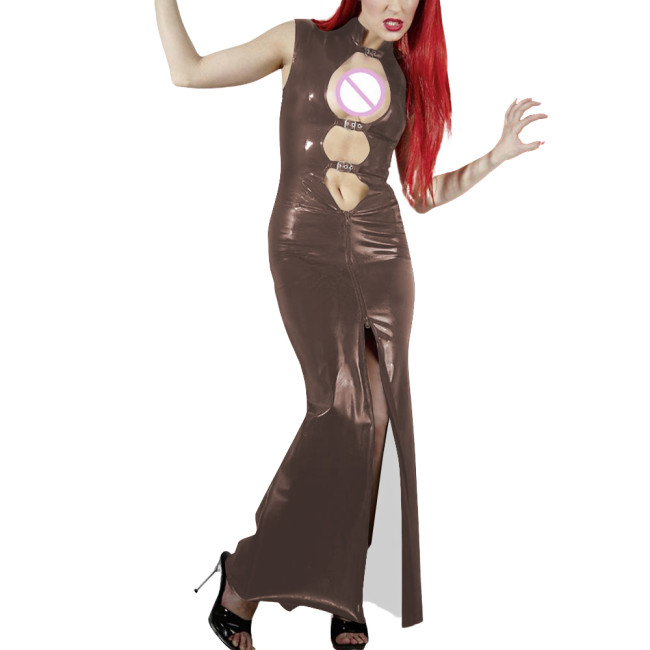 Shiny PVC Leather Hollow Out Party Women Maxi Dresses Fashion Sexy Buckle Cutout Sleeveless Slim Sheath Dress Wetlook Clubwear