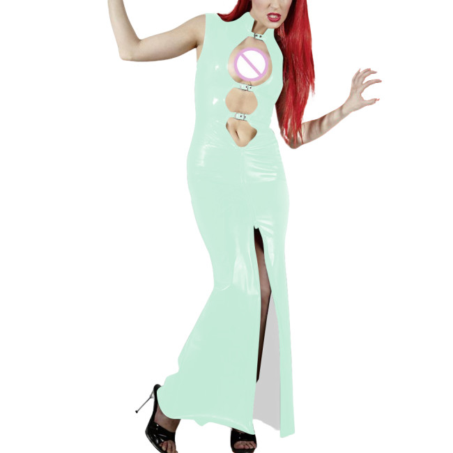 Shiny PVC Leather Hollow Out Party Women Maxi Dresses Fashion Sexy Buckle Cutout Sleeveless Slim Sheath Dress Wetlook Clubwear