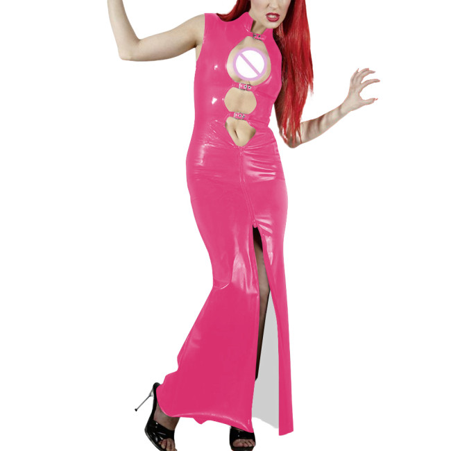 Shiny PVC Leather Hollow Out Party Women Maxi Dresses Fashion Sexy Buckle Cutout Sleeveless Slim Sheath Dress Wetlook Clubwear