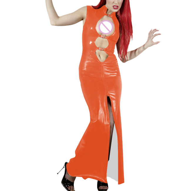 Shiny PVC Leather Hollow Out Party Women Maxi Dresses Fashion Sexy Buckle Cutout Sleeveless Slim Sheath Dress Wetlook Clubwear