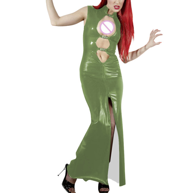 Shiny PVC Leather Hollow Out Party Women Maxi Dresses Fashion Sexy Buckle Cutout Sleeveless Slim Sheath Dress Wetlook Clubwear