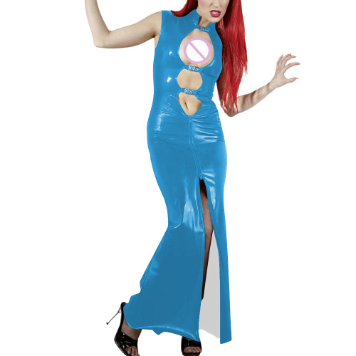 Shiny PVC Leather Hollow Out Party Women Maxi Dresses Fashion Sexy Buckle Cutout Sleeveless Slim Sheath Dress Wetlook Clubwear