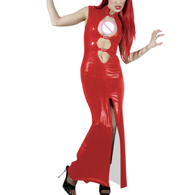 Shiny PVC Leather Hollow Out Party Women Maxi Dresses Fashion Sexy Buckle Cutout Sleeveless Slim Sheath Dress Wetlook Clubwear