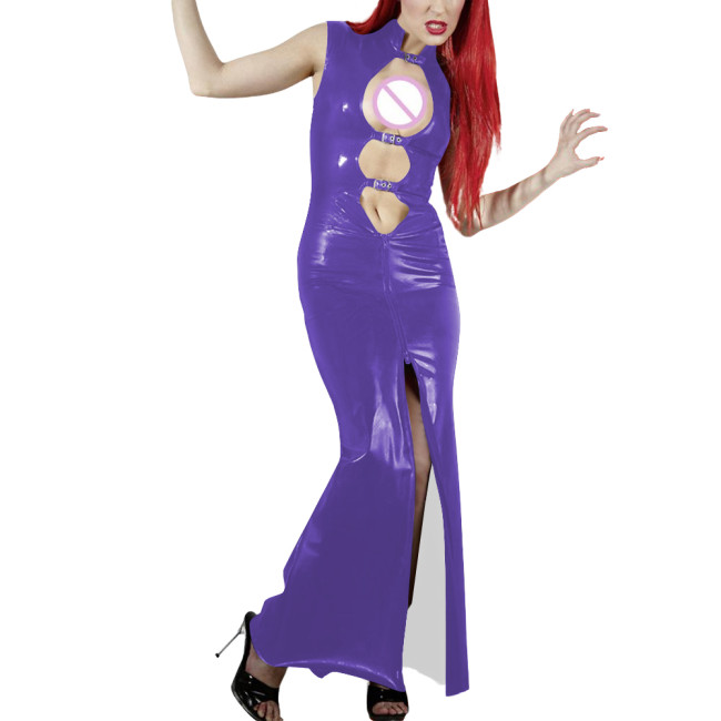 Shiny PVC Leather Hollow Out Party Women Maxi Dresses Fashion Sexy Buckle Cutout Sleeveless Slim Sheath Dress Wetlook Clubwear
