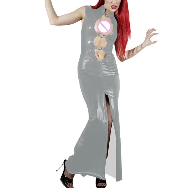 Shiny PVC Leather Hollow Out Party Women Maxi Dresses Fashion Sexy Buckle Cutout Sleeveless Slim Sheath Dress Wetlook Clubwear