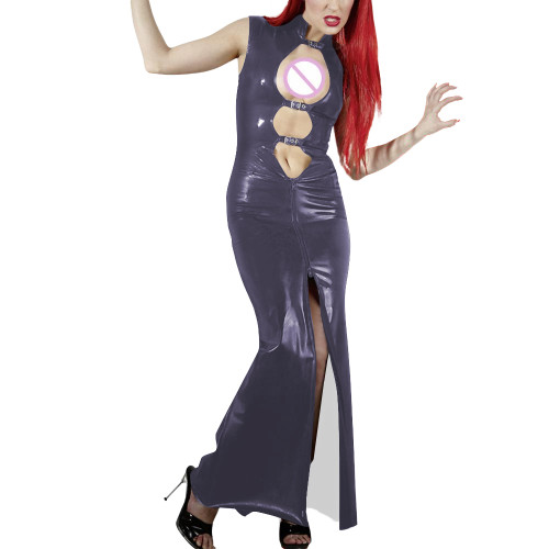 Shiny PVC Leather Hollow Out Party Women Maxi Dresses Fashion Sexy Buckle Cutout Sleeveless Slim Sheath Dress Wetlook Clubwear