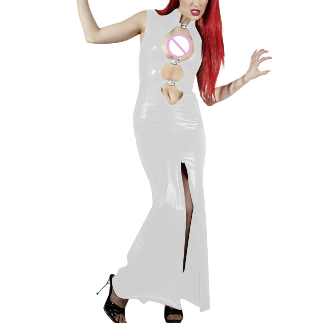 Shiny PVC Leather Hollow Out Party Women Maxi Dresses Fashion Sexy Buckle Cutout Sleeveless Slim Sheath Dress Wetlook Clubwear