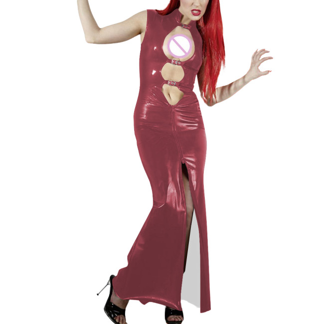 Shiny PVC Leather Hollow Out Party Women Maxi Dresses Fashion Sexy Buckle Cutout Sleeveless Slim Sheath Dress Wetlook Clubwear