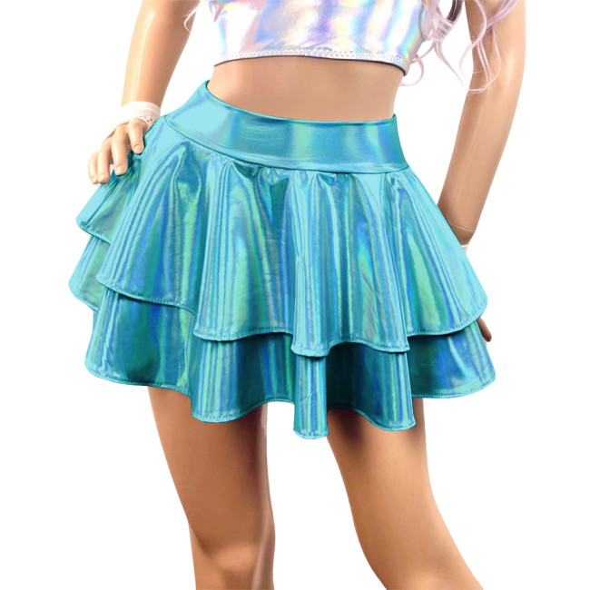 Womens Mini Laser Carnival Flared Skirt Shiny Metallic Pleated Short Skirts Sissy Party Pole Dance Ruffles Skirts Club Bottoms