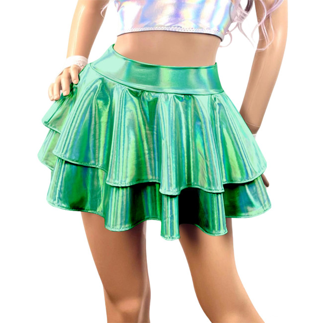 Womens Mini Laser Carnival Flared Skirt Shiny Metallic Pleated Short Skirts Sissy Party Pole Dance Ruffles Skirts Club Bottoms