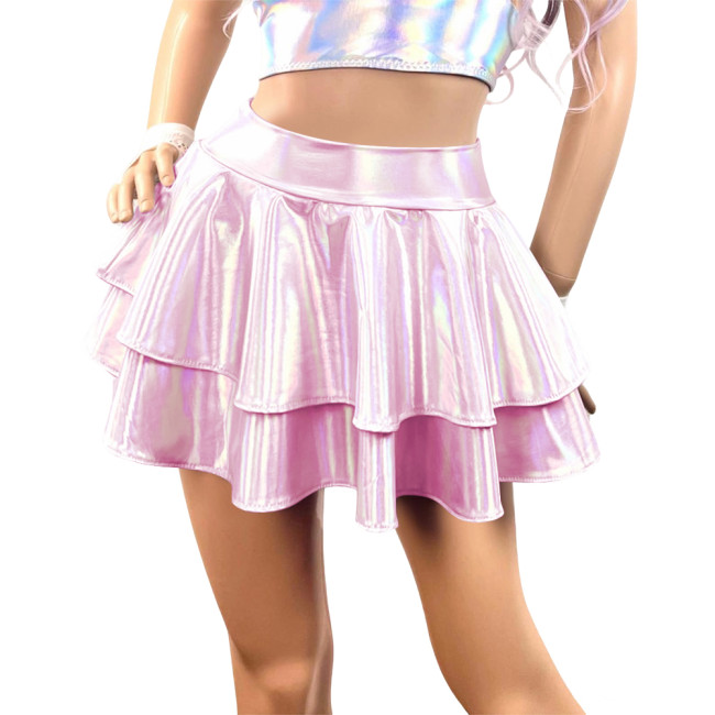 Womens Mini Laser Carnival Flared Skirt Shiny Metallic Pleated Short Skirts Sissy Party Pole Dance Ruffles Skirts Club Bottoms