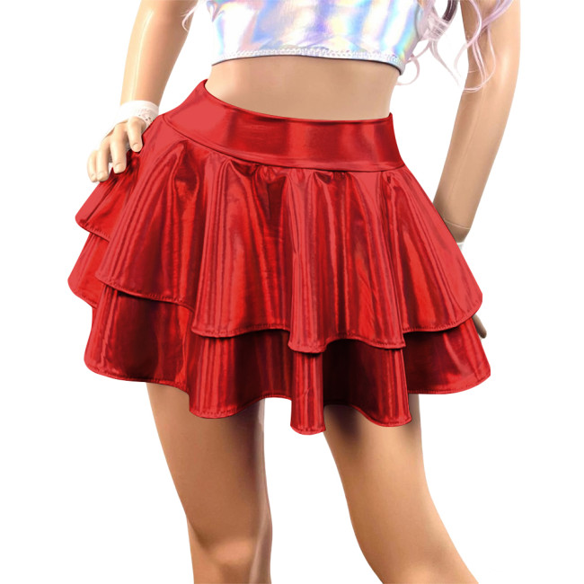Womens Mini Laser Carnival Flared Skirt Shiny Metallic Pleated Short Skirts Sissy Party Pole Dance Ruffles Skirts Club Bottoms