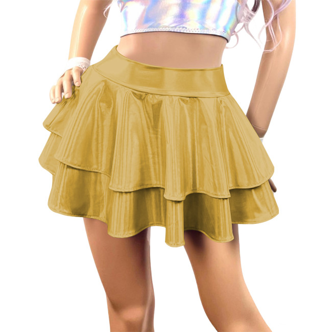 Womens Mini Laser Carnival Flared Skirt Shiny Metallic Pleated Short Skirts Sissy Party Pole Dance Ruffles Skirts Club Bottoms