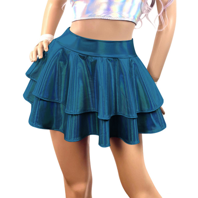 Womens Mini Laser Carnival Flared Skirt Shiny Metallic Pleated Short Skirts Sissy Party Pole Dance Ruffles Skirts Club Bottoms