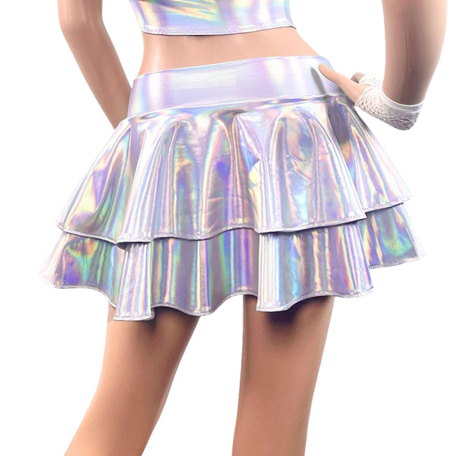 Womens Mini Laser Carnival Flared Skirt Shiny Metallic Pleated Short Skirts Sissy Party Pole Dance Ruffles Skirts Club Bottoms