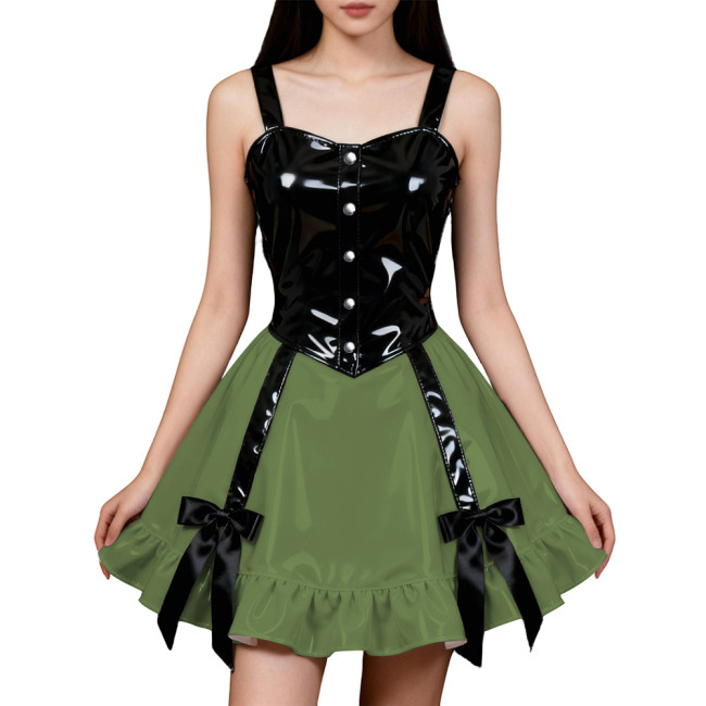 Party Hot Girl Slim Sling Dress Women Gothic Sleeveless PVC Shiny Patchwork A-line Dresses Lolita Punk Sexy Pleated Mini Dresses