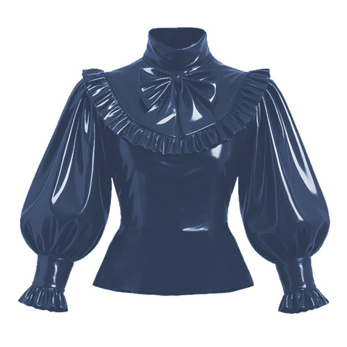 Lolita Glossy PVC Leather Shirts Sissy Puff Long Sleeve Lockable Blouse Ruffles Trims Shirt Tops Bowtie Sweet Blouses Streetwear