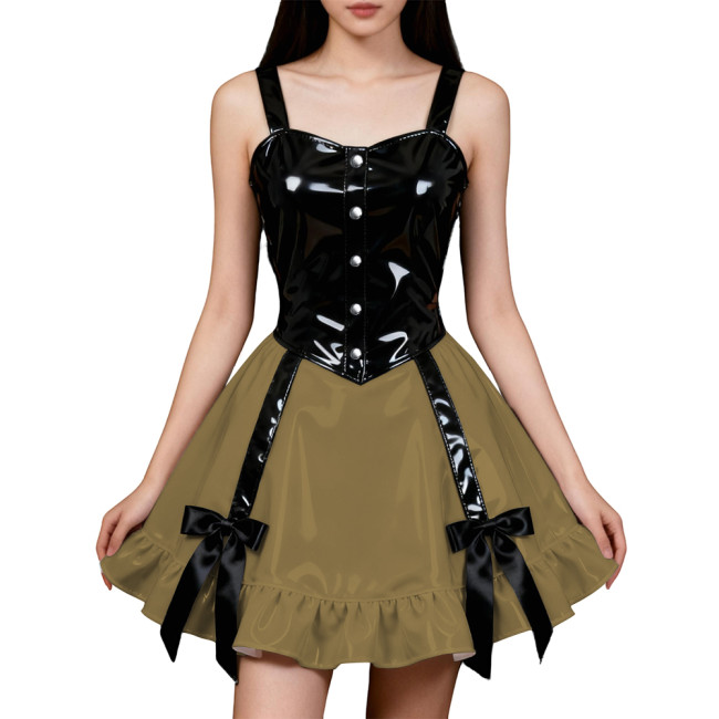 Party Hot Girl Slim Sling Dress Women Gothic Sleeveless PVC Shiny Patchwork A-line Dresses Lolita Punk Sexy Pleated Mini Dresses