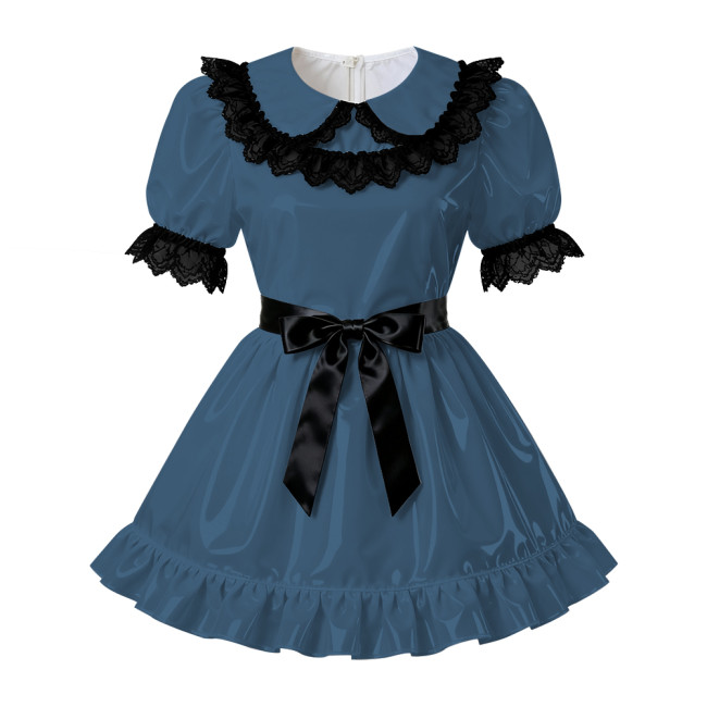Sissy PVC Leather A-Line Pleated Dress Wetlook Lace Trims Puff Short Sleeves Party Short Dress Servants Maid Cosplay Costume 7XL