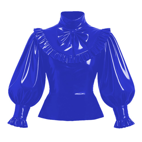 Lolita Glossy PVC Leather Shirts Sissy Puff Long Sleeve Lockable Blouse Ruffles Trims Shirt Tops Bowtie Sweet Blouses Streetwear