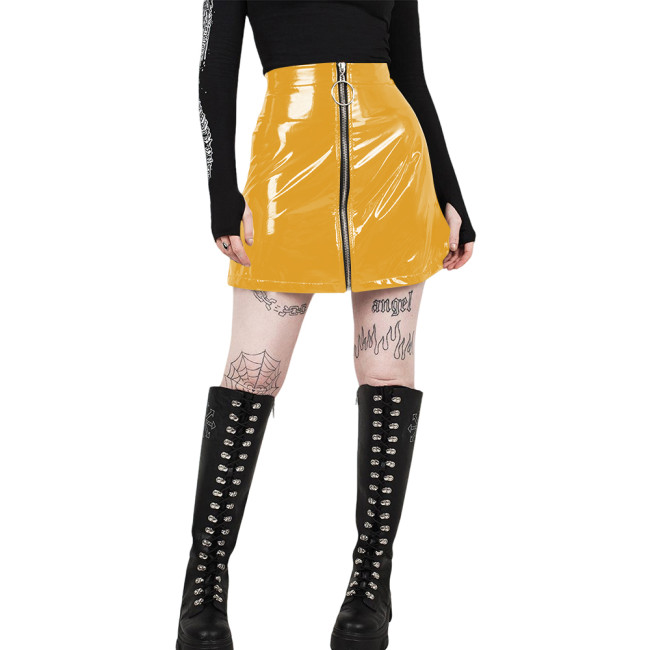Vintage PVC Shiny Leather Mini Skirts Women Glossy Casual A-Line Short Skirts Female Zipper Full High Waist Skirt Streetwear
