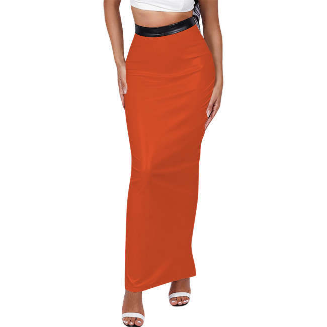 Matte PU Leather Long Skirt High Waist Women Back Slit Tight Pencil Skirt High Waist Solid Color Office Lady Maxi Skirt Clubwear