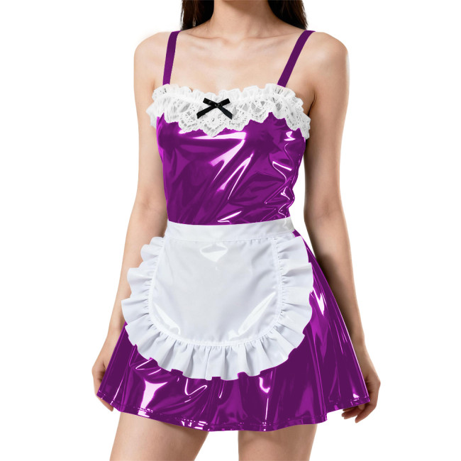 Womens Sexy Spaghetti Straps Apron Maid Dress PVC Patent Leather A-line Pleated Mini Maid Dress Wetlook Maid Cosplay Outfits 7XL
