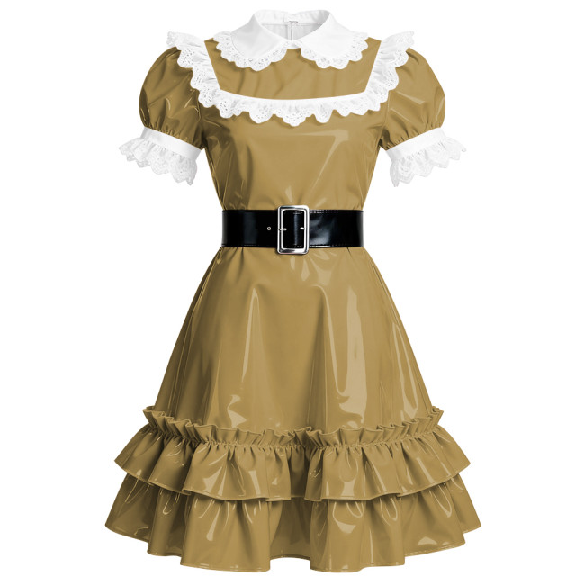 Elegant French Style Mid Dress Women Peter Pan Collar PVC Shiny A-line Dress Halloween Masquerade Party Lolita Ruffles Dresses