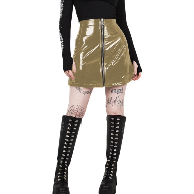Vintage PVC Shiny Leather Mini Skirts Women Glossy Casual A-Line Short Skirts Female Zipper Full High Waist Skirt Streetwear