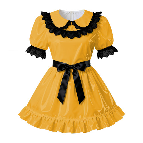 Sissy PVC Leather A-Line Pleated Dress Wetlook Lace Trims Puff Short Sleeves Party Short Dress Servants Maid Cosplay Costume 7XL