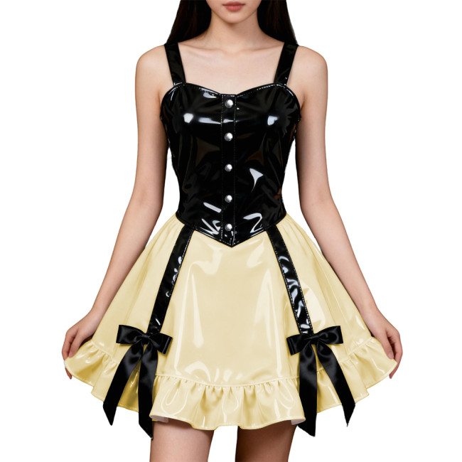 Party Hot Girl Slim Sling Dress Women Gothic Sleeveless PVC Shiny Patchwork A-line Dresses Lolita Punk Sexy Pleated Mini Dresses
