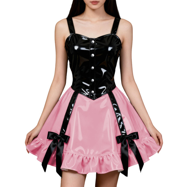 Party Hot Girl Slim Sling Dress Women Gothic Sleeveless PVC Shiny Patchwork A-line Dresses Lolita Punk Sexy Pleated Mini Dresses