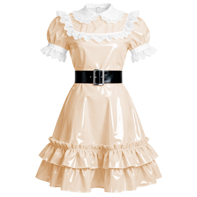 Elegant French Style Mid Dress Women Peter Pan Collar PVC Shiny A-line Dress Halloween Masquerade Party Lolita Ruffles Dresses