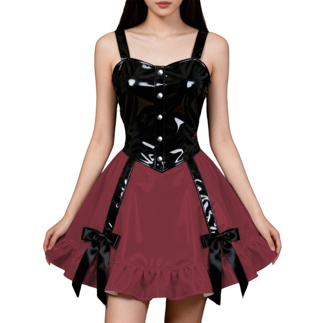 Party Hot Girl Slim Sling Dress Women Gothic Sleeveless PVC Shiny Patchwork A-line Dresses Lolita Punk Sexy Pleated Mini Dresses