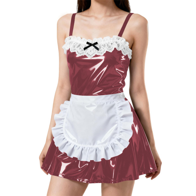 Womens Sexy Spaghetti Straps Apron Maid Dress PVC Patent Leather A-line Pleated Mini Maid Dress Wetlook Maid Cosplay Outfits 7XL