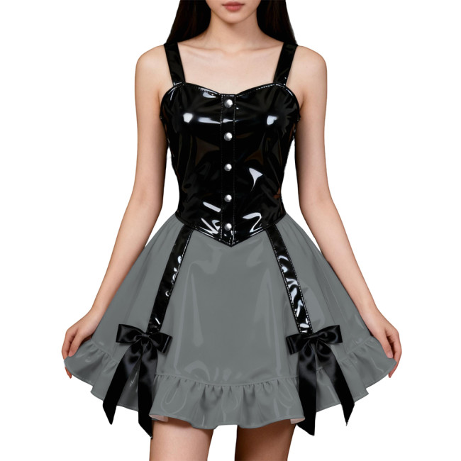 Party Hot Girl Slim Sling Dress Women Gothic Sleeveless PVC Shiny Patchwork A-line Dresses Lolita Punk Sexy Pleated Mini Dresses