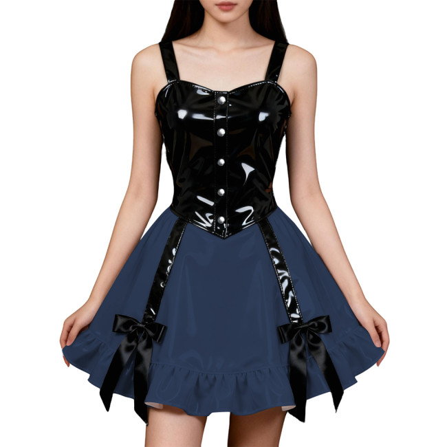 Party Hot Girl Slim Sling Dress Women Gothic Sleeveless PVC Shiny Patchwork A-line Dresses Lolita Punk Sexy Pleated Mini Dresses