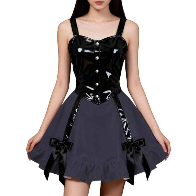 Party Hot Girl Slim Sling Dress Women Gothic Sleeveless PVC Shiny Patchwork A-line Dresses Lolita Punk Sexy Pleated Mini Dresses