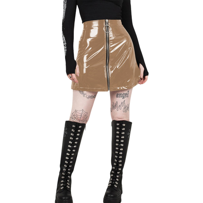 Vintage PVC Shiny Leather Mini Skirts Women Glossy Casual A-Line Short Skirts Female Zipper Full High Waist Skirt Streetwear
