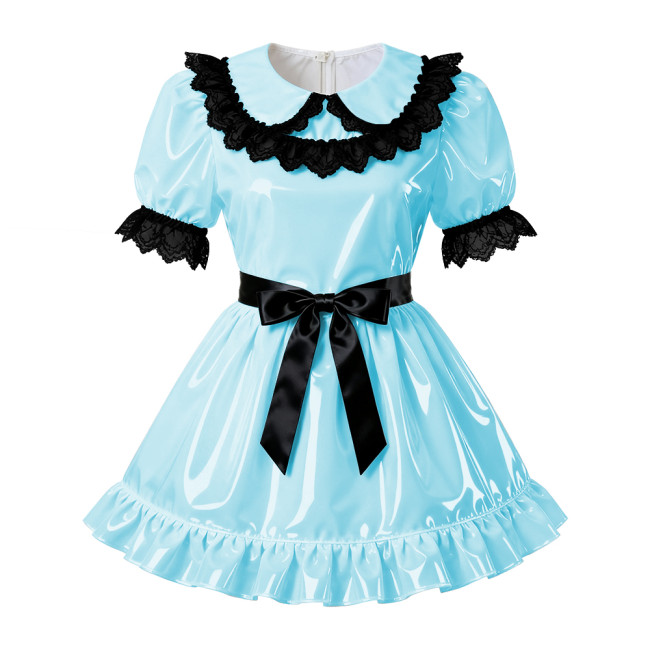 Sissy PVC Leather A-Line Pleated Dress Wetlook Lace Trims Puff Short Sleeves Party Short Dress Servants Maid Cosplay Costume 7XL