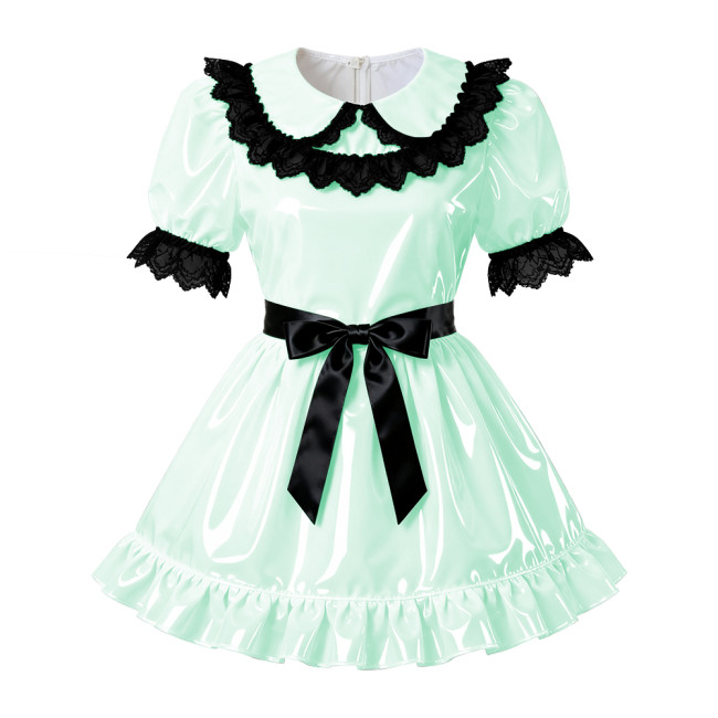 Sissy PVC Leather A-Line Pleated Dress Wetlook Lace Trims Puff Short Sleeves Party Short Dress Servants Maid Cosplay Costume 7XL