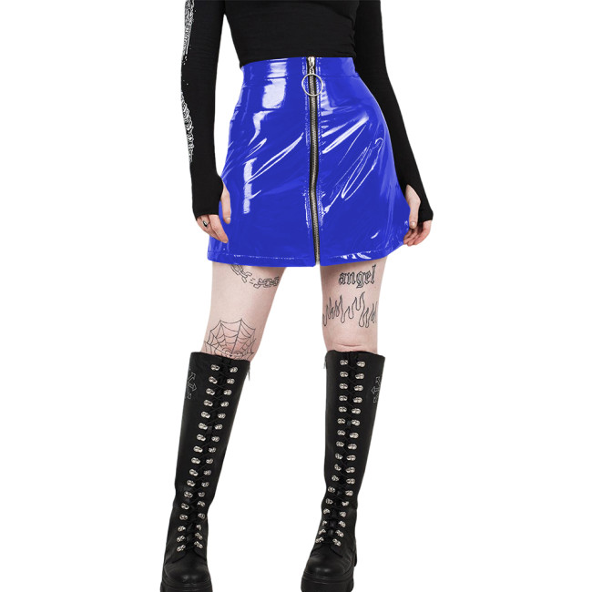 Vintage PVC Shiny Leather Mini Skirts Women Glossy Casual A-Line Short Skirts Female Zipper Full High Waist Skirt Streetwear