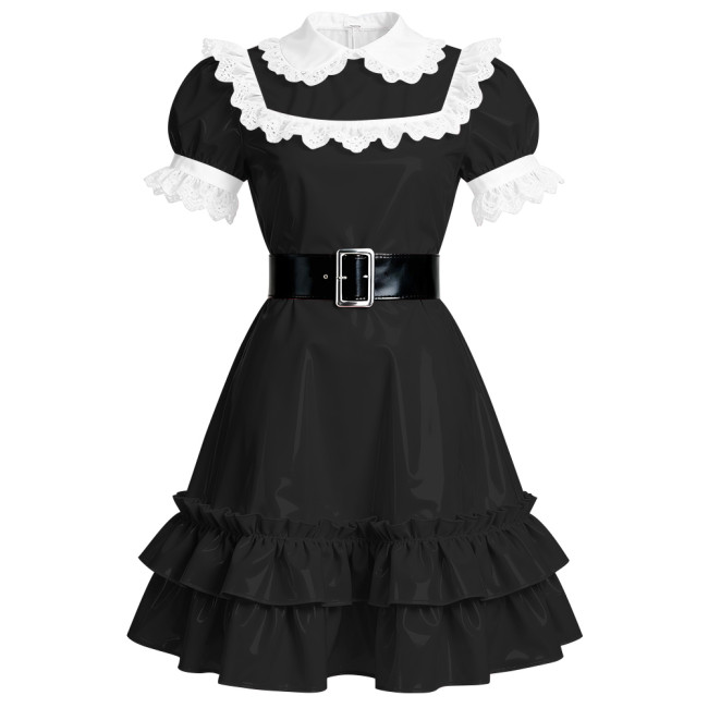 Elegant French Style Mid Dress Women Peter Pan Collar PVC Shiny A-line Dress Halloween Masquerade Party Lolita Ruffles Dresses