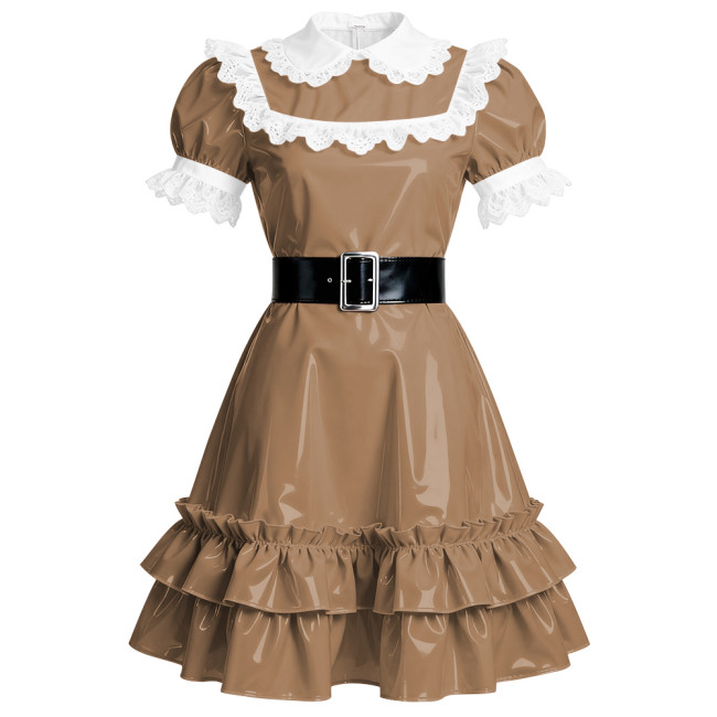 Elegant French Style Mid Dress Women Peter Pan Collar PVC Shiny A-line Dress Halloween Masquerade Party Lolita Ruffles Dresses