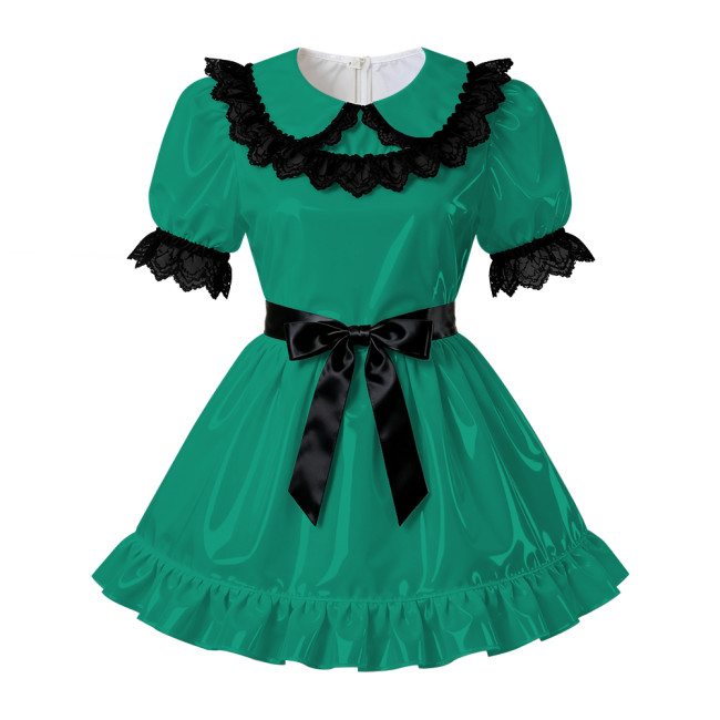 Sissy PVC Leather A-Line Pleated Dress Wetlook Lace Trims Puff Short Sleeves Party Short Dress Servants Maid Cosplay Costume 7XL