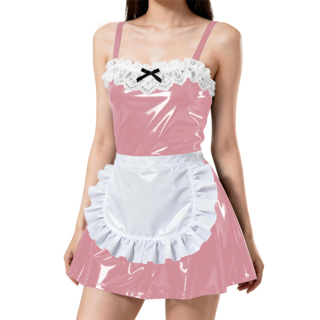 Womens Sexy Spaghetti Straps Apron Maid Dress PVC Patent Leather A-line Pleated Mini Maid Dress Wetlook Maid Cosplay Outfits 7XL